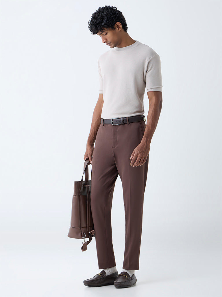 WES Formals Beige Solid Slim-Fit T-Shirt