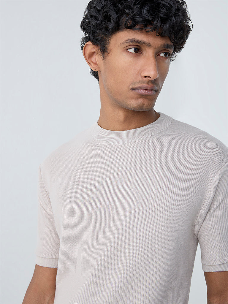 WES Formals Beige Solid Slim-Fit T-Shirt
