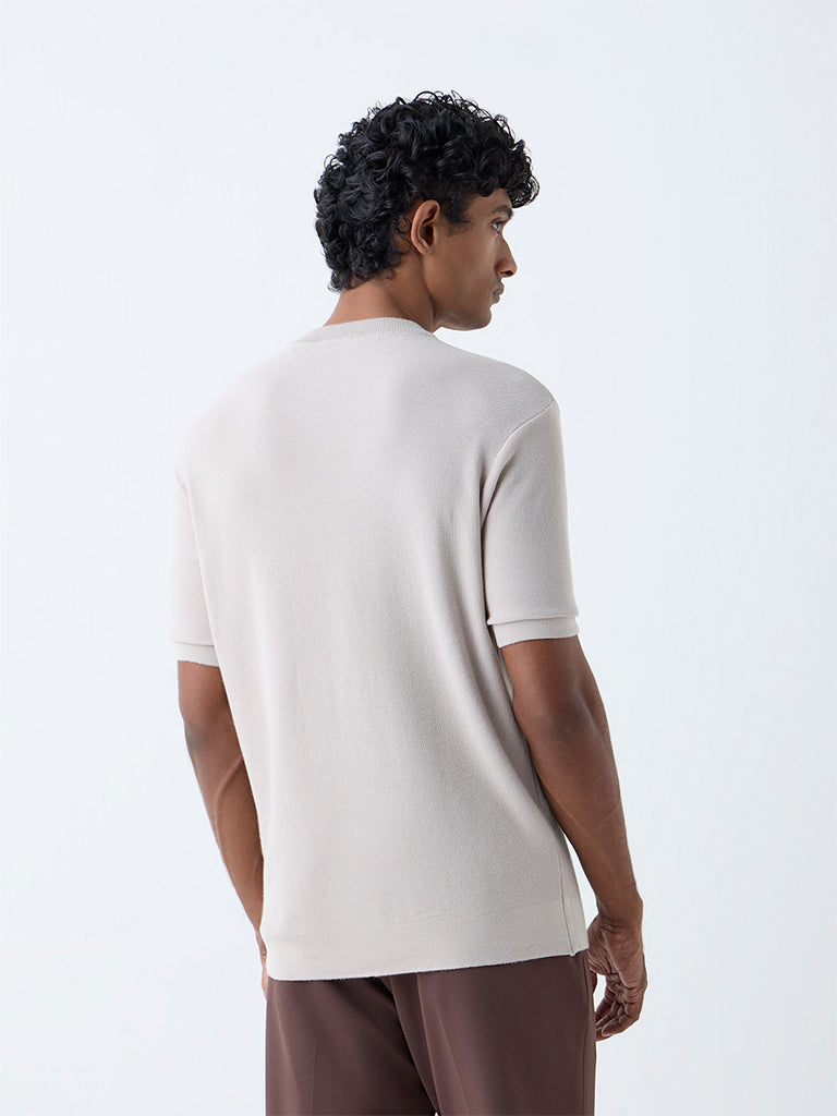 WES Formals Beige Solid Slim-Fit T-Shirt