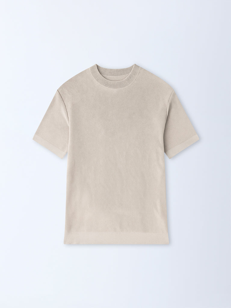 WES Formals Beige Solid Slim-Fit T-Shirt