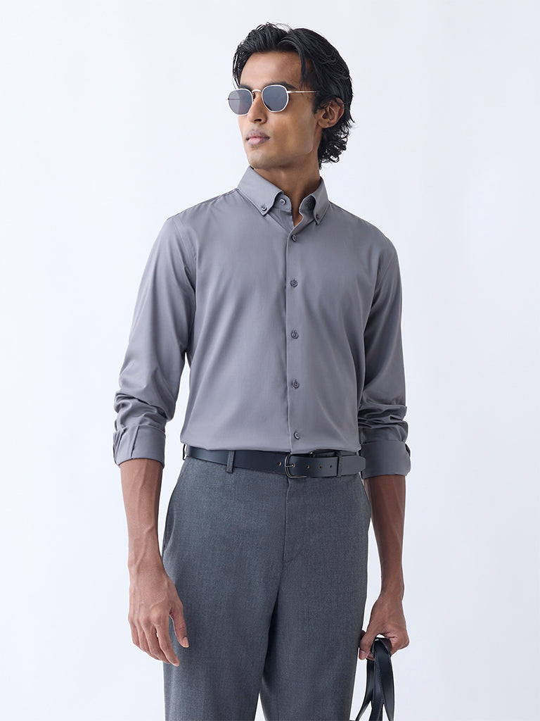 Westside WES Formals Men's Grey Slim-Fit Cotton-Blend Shirt for Work Wear Front view