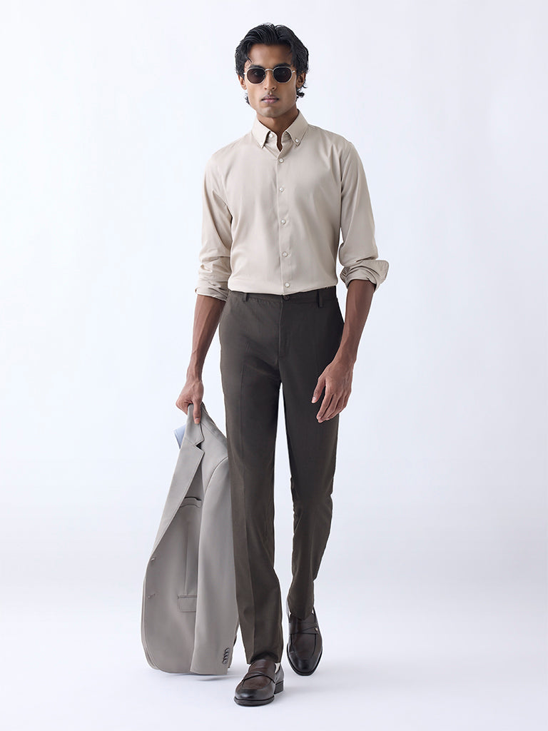 Westside WES Formals Men's Beige Slim-Fit Cotton-Blend Shirt for Work Wear Full View