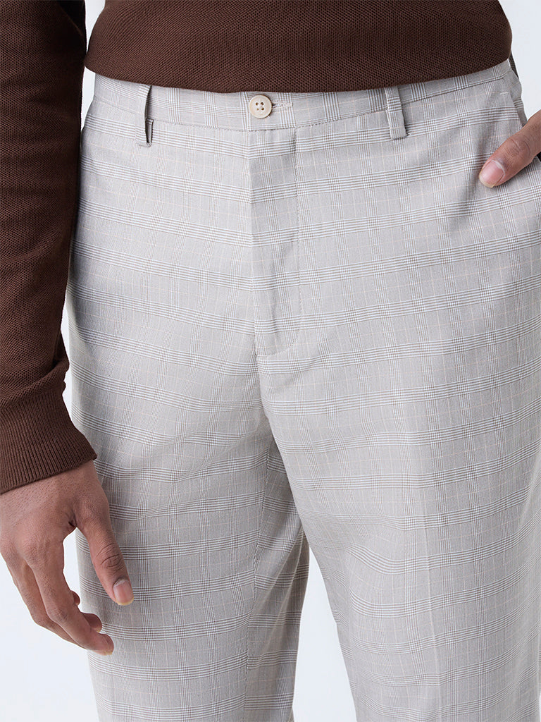 WES Formals Beige Checkered Slim-Fit Mid-Rise Trousers