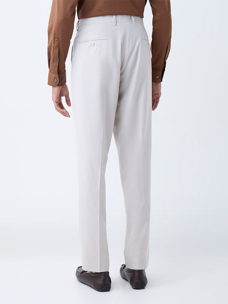 WES Formals Beige Solid Relaxed-Fit Mid-Rise Trousers