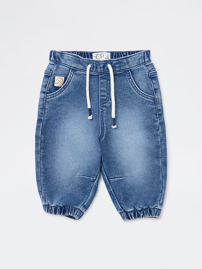 HOP Baby Boys Dark Blue Faded Mid-Rise Denim Joggers