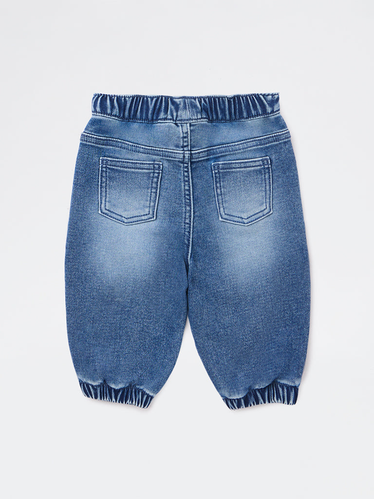 HOP Baby Boys Dark Blue Faded Mid-Rise Denim Joggers
