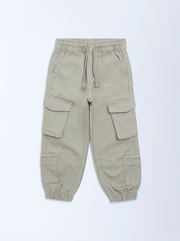 HOP Kids Boys Taupe Mid-Rise Cotton-Blend Cargo Joggers