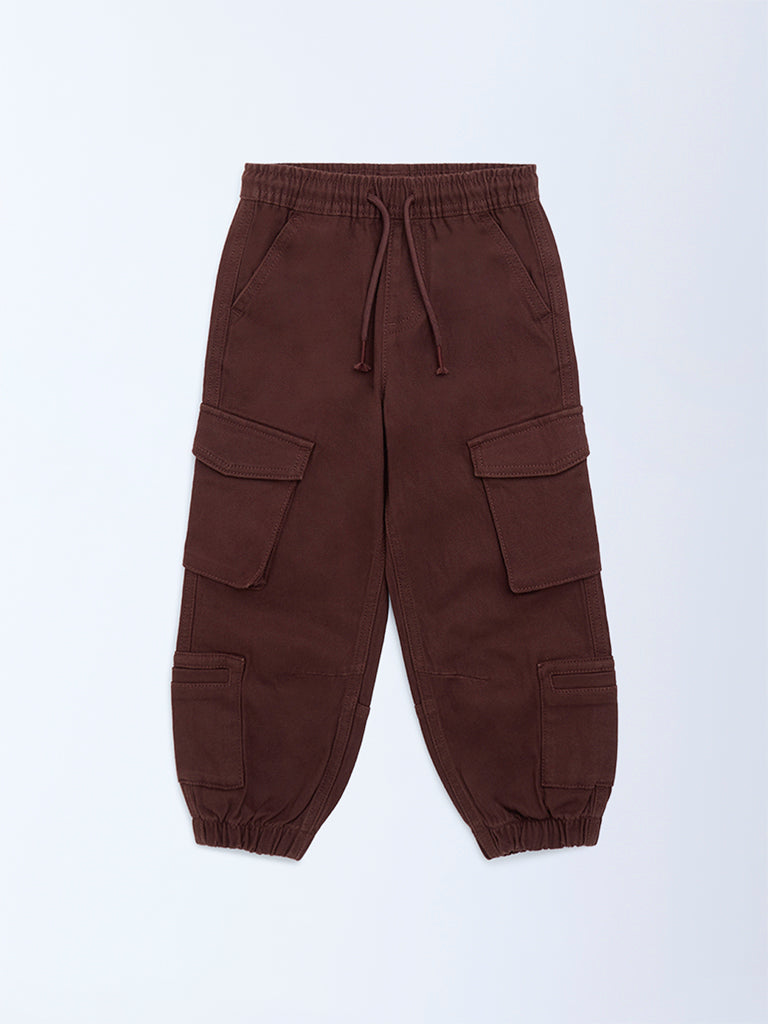 HOP Kids Boys Dark Brown Mid-Rise Cotton-Blend Cargo Joggers