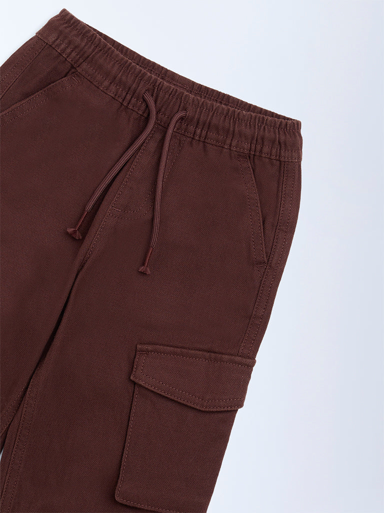 HOP Kids Boys Dark Brown Mid-Rise Cotton-Blend Cargo Joggers