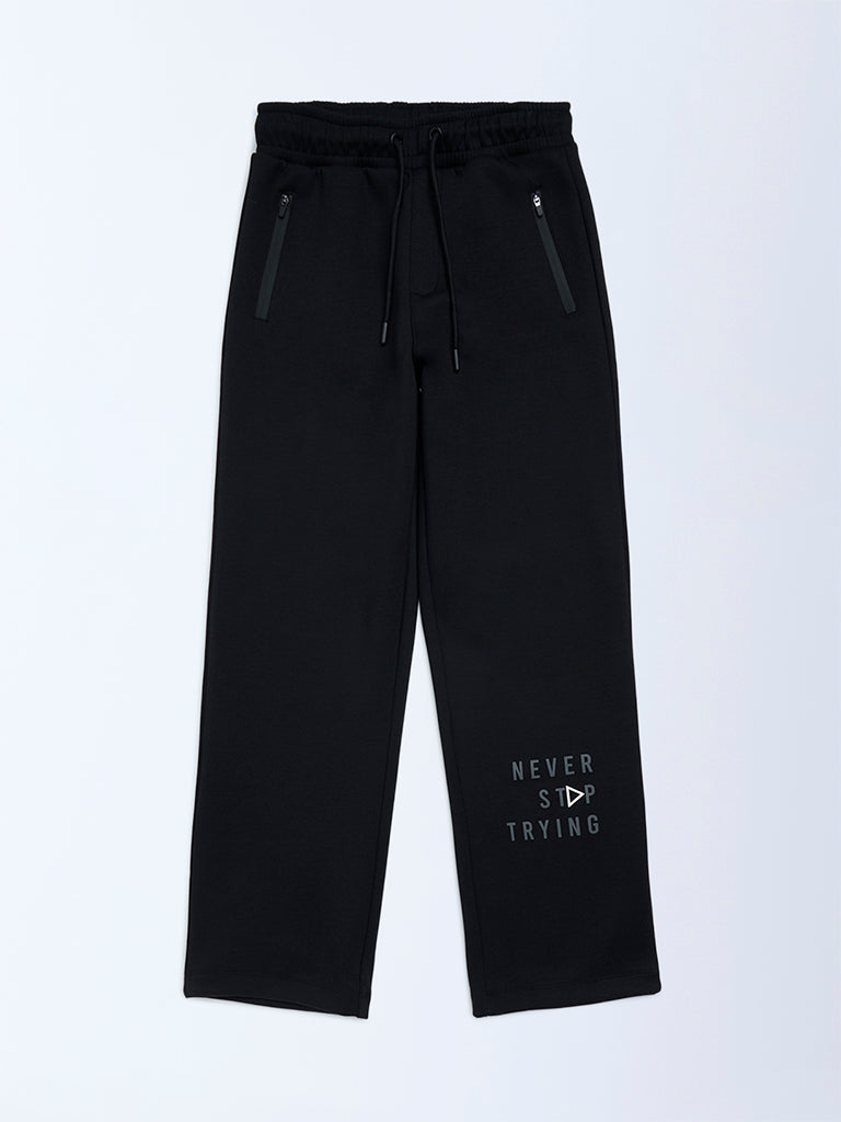 Boys Black Typographic Mid-Rise Pants