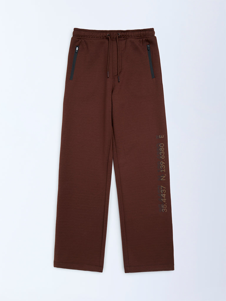 Boys Dark Brown Printed Mid-Rise Pants