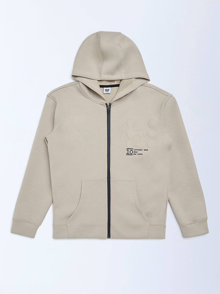 Boys Beige Typographic Hooded Jacket