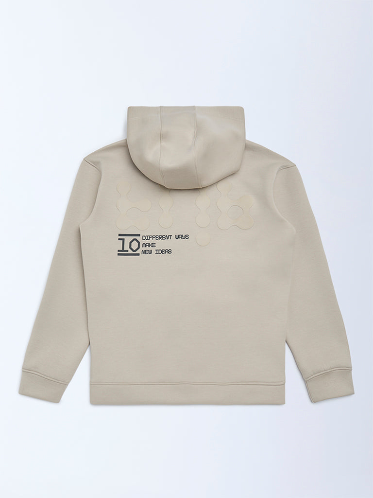 Boys Beige Typographic Hooded Jacket