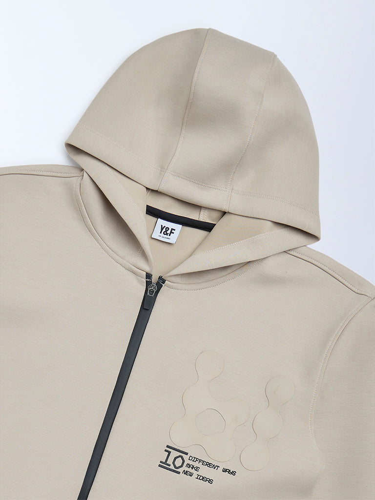 Boys Beige Typographic Hooded Jacket