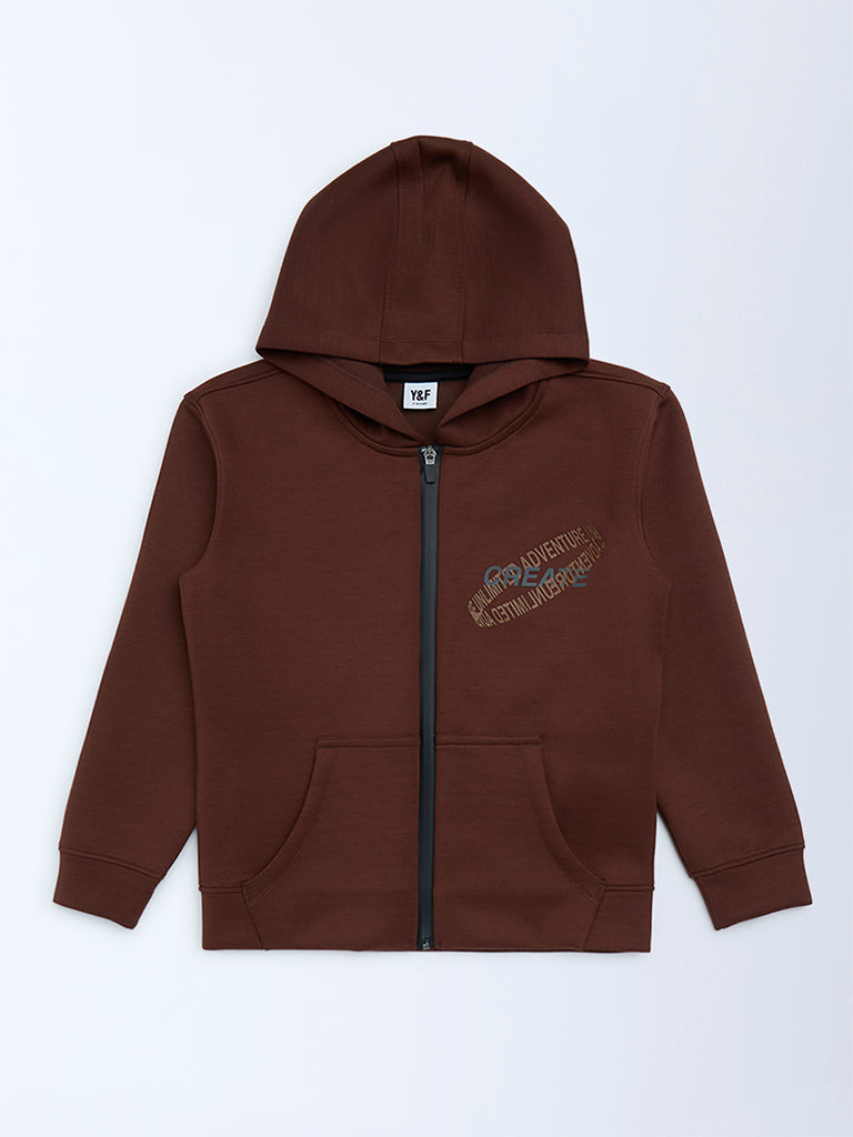 Boys Dark Brown Text Printed Hooded Jacket