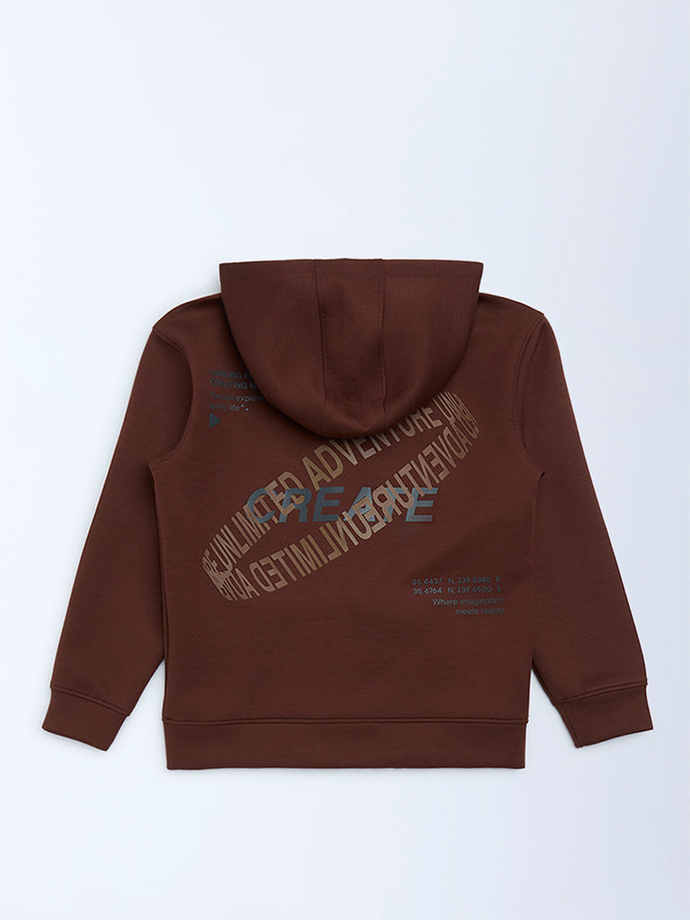 Boys Dark Brown Text Printed Hooded Jacket