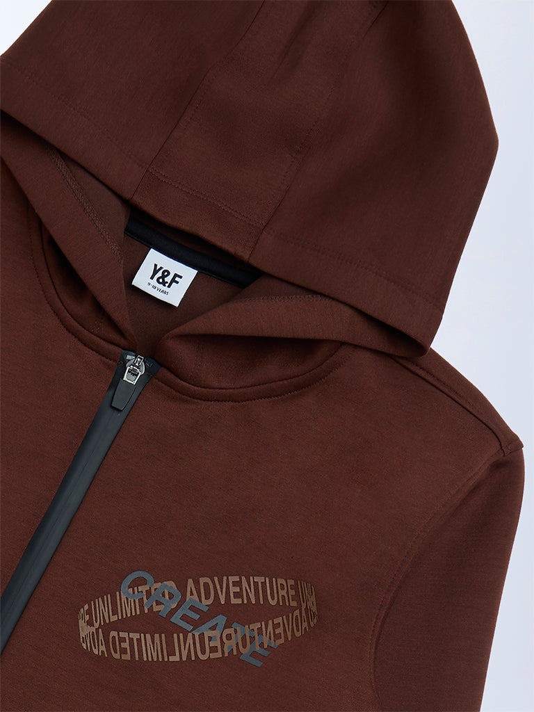 Boys Dark Brown Text Printed Hooded Jacket
