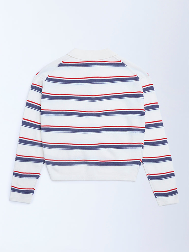 Girls White Striped Sweater