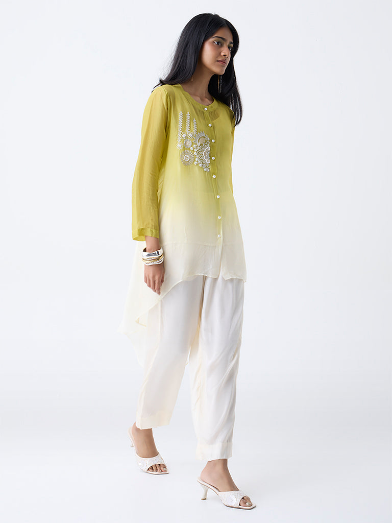 Westside Vark Women's Lime Ombre-Finish High-Low Kurta for Festival Wear Full View
