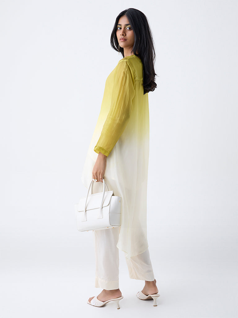 Westside Vark Women's Lime Ombre-Finish High-Low Kurta for Festival Wear Back View