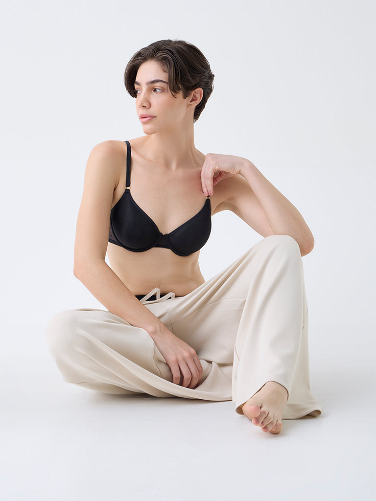 Wunderlove Black Dotted Underwired Mesh Bra