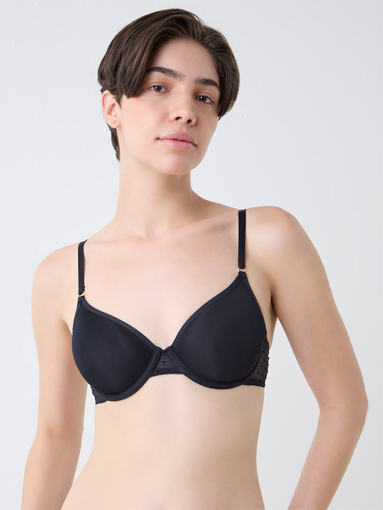Wunderlove Black Dotted Underwired Mesh Bra