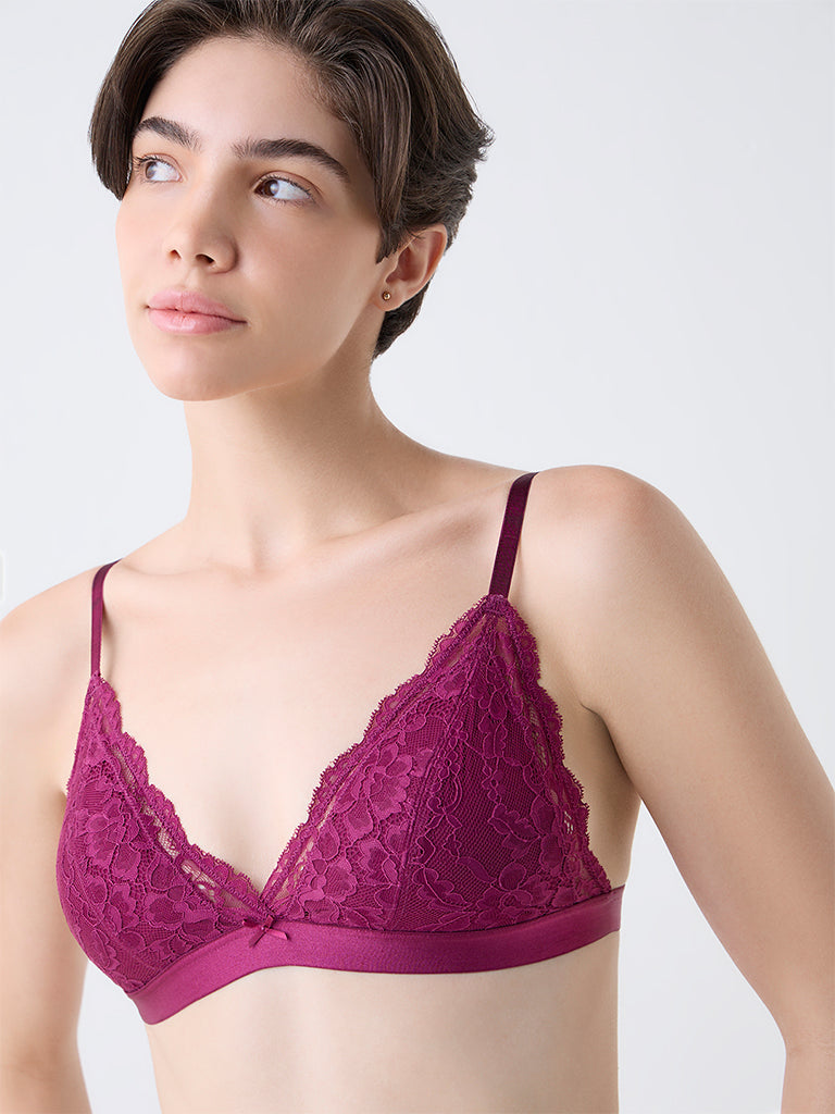 Wunderlove Maroon Lace Cotton-Blend Padded Bra