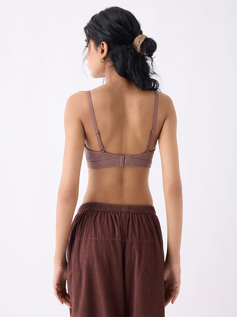 Superstar Brown Waffle-Textured Padded Cotton-Blend Bra