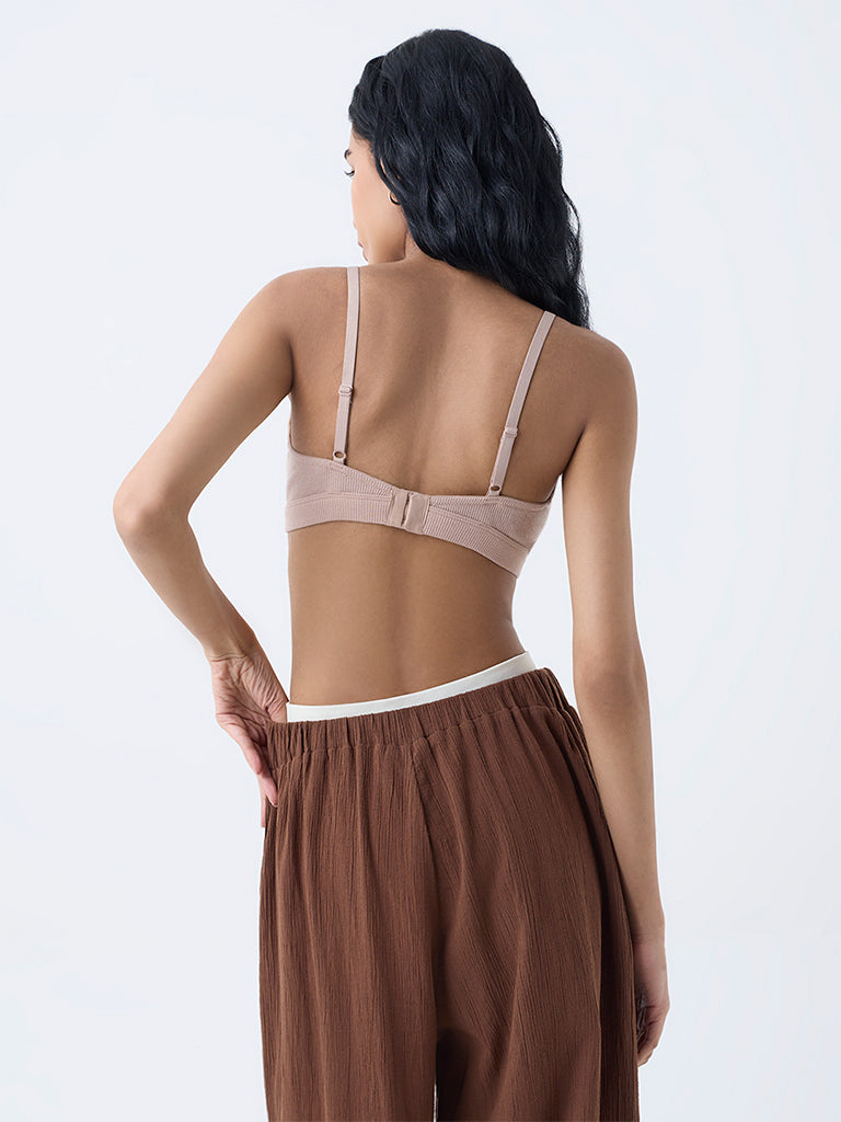 Superstar Taupe Waffle-Textured Padded Cotton-Blend Bra