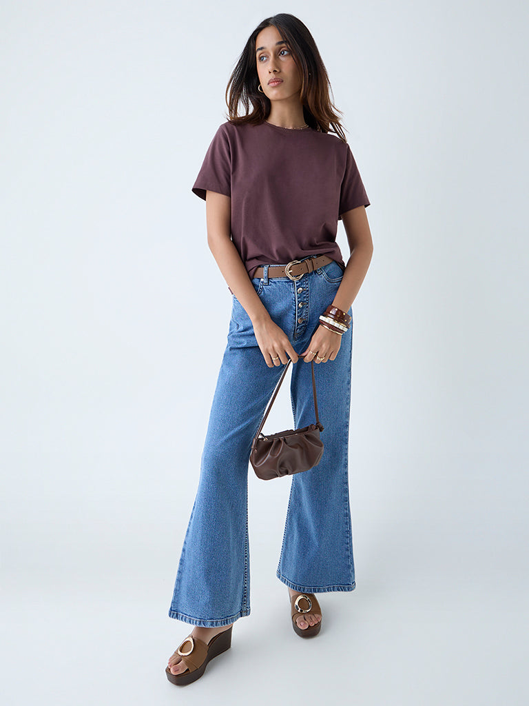 Westside LOV Women's Dark Brown Cotton-Blend T-Shirt for Casual Wear Front View