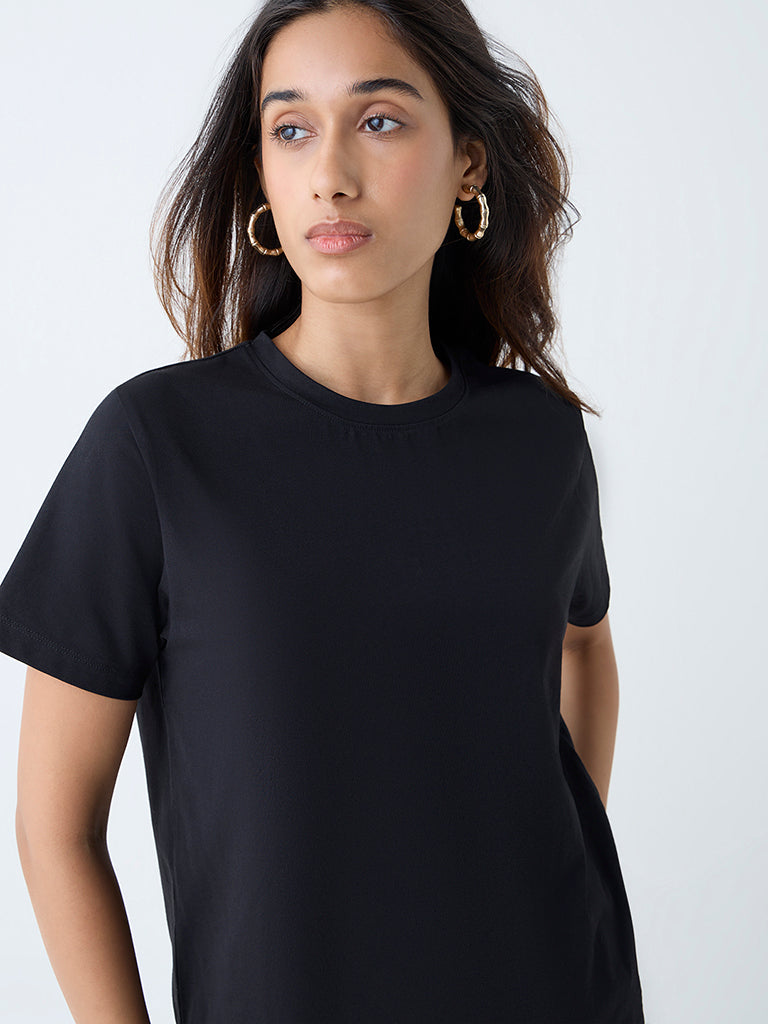 Westside LOV Women's Black Solid Cotton T-Shirt for Casual Wear Zoomed View