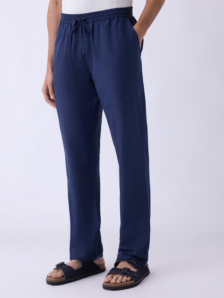 Mens Ethnicwear Navy Solid Relaxed-Fit Mid-Rise Pants