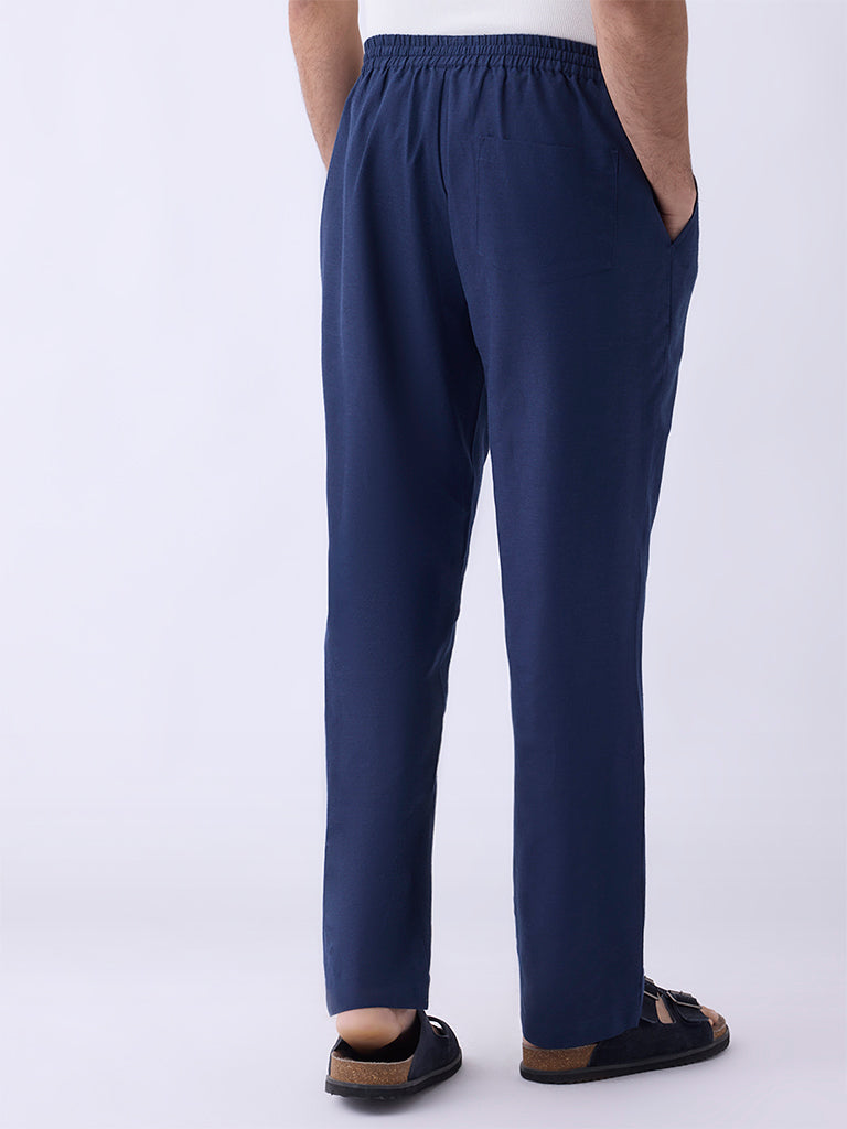 Mens Ethnicwear Navy Solid Relaxed-Fit Mid-Rise Pants