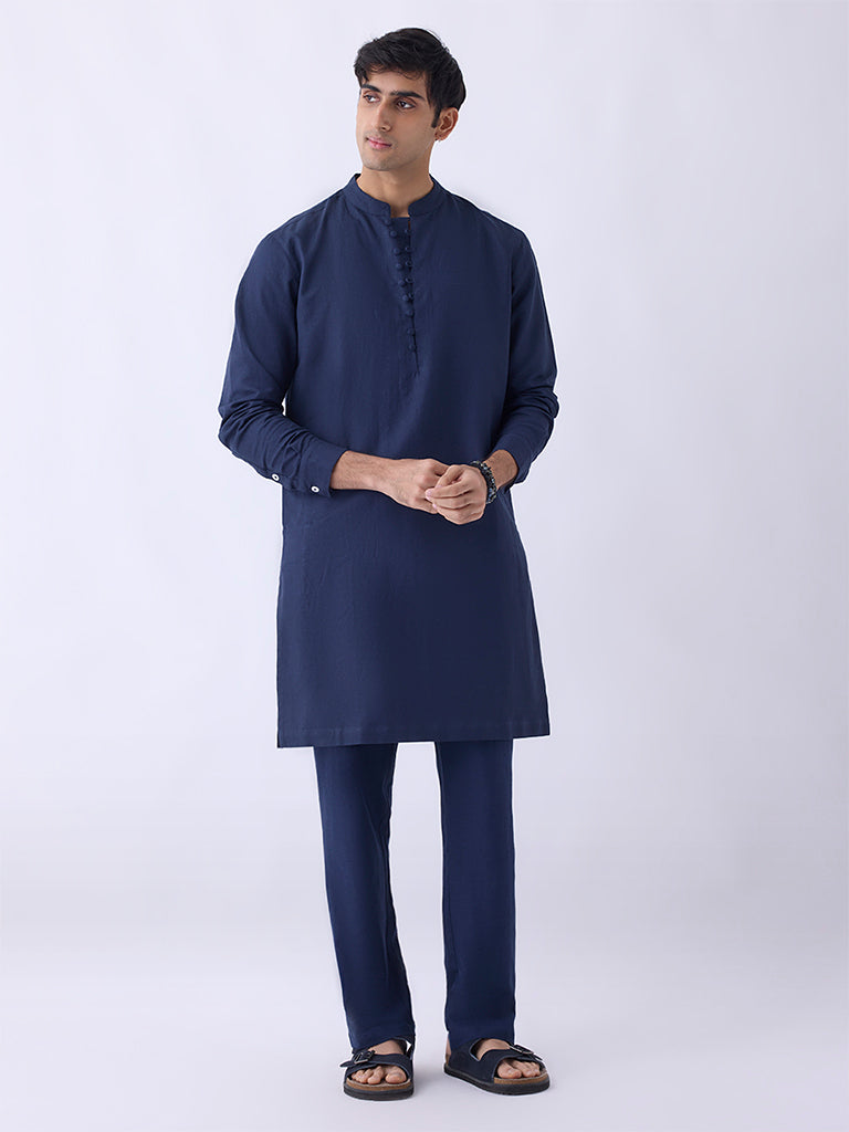 Mens Ethnicwear Navy Relaxed-Fit Cotton-Blend Kurta