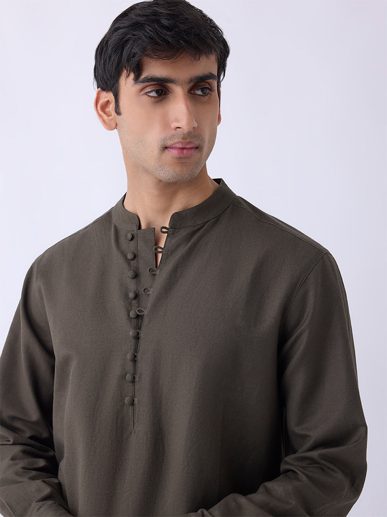 Buy Mens Ethnicwear Olive Solid Relaxed-Fit Cotton-Blend Kurta