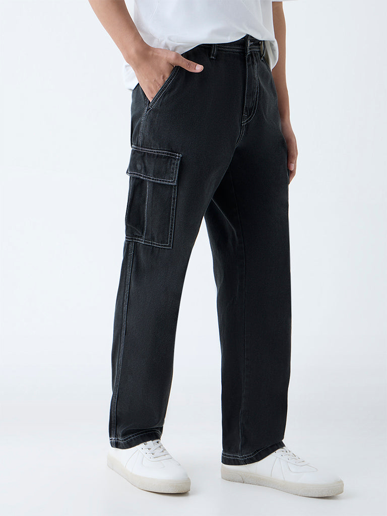 Nuon Black Cargo-Style Relaxed-Fit Mid-Rise Jeans