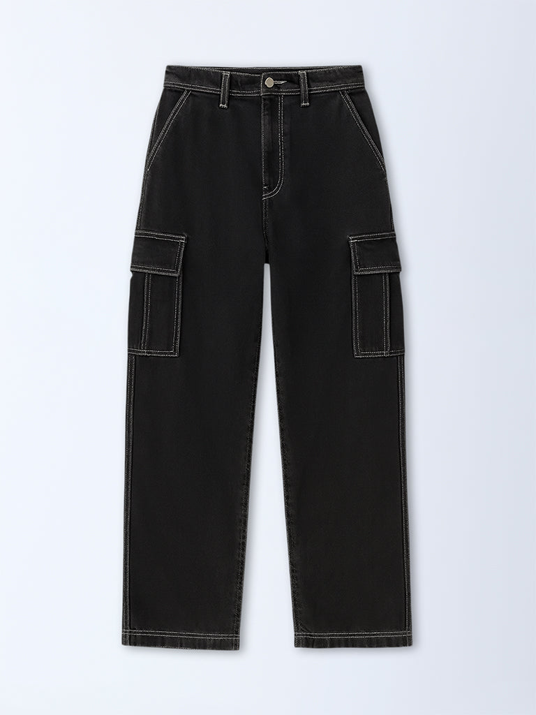 Nuon Black Cargo-Style Relaxed-Fit Mid-Rise Jeans