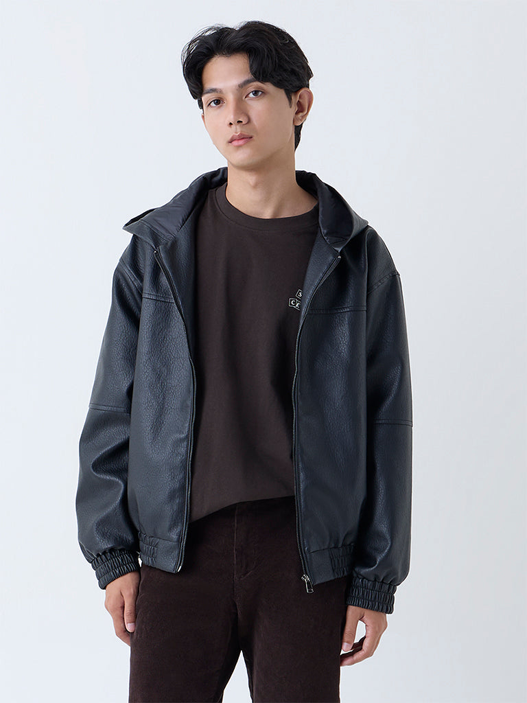 Nuon Black Relaxed-Fit Faux Leather Jacket