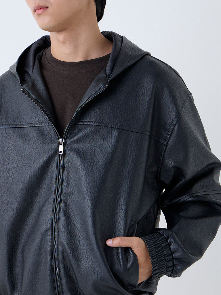 Nuon Black Relaxed-Fit Faux Leather Jacket