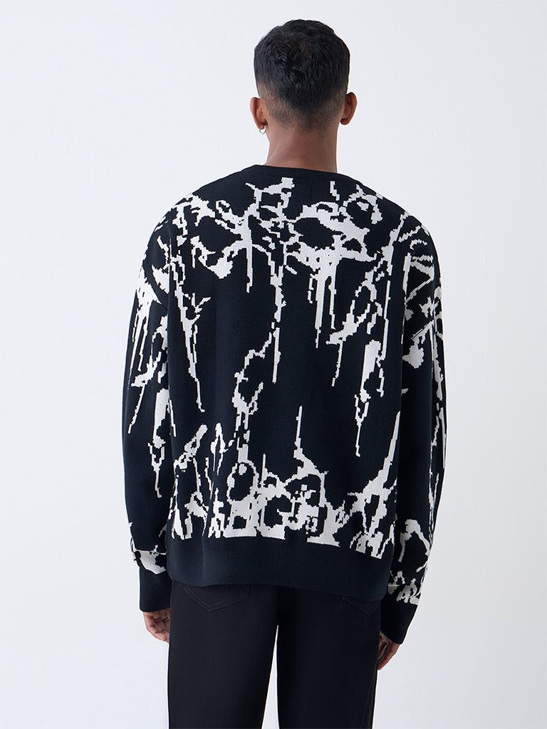 Nuon Black Abstract Design Relaxed-Fit Sweater