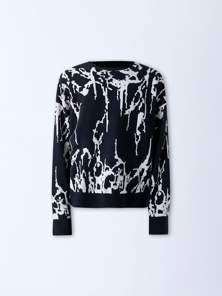 Nuon Black Abstract Design Relaxed-Fit Sweater