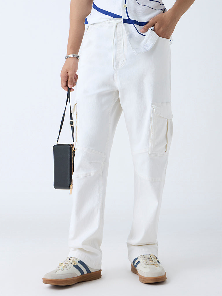 Buy Nuon White Relaxed-Fit Mid-Rise Cotton-Blend Cargo Pants from