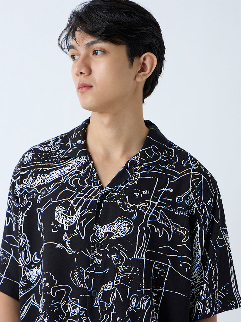 Westside Nuon Men's Black Abstract Pattern Relaxed-Fit Shirt for Casual Wear Zoomed View