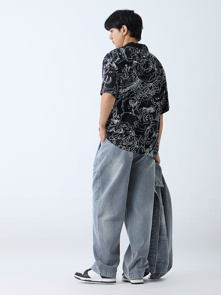 Westside Nuon Men's Black Abstract Pattern Relaxed-Fit Shirt for Casual Wear Back View