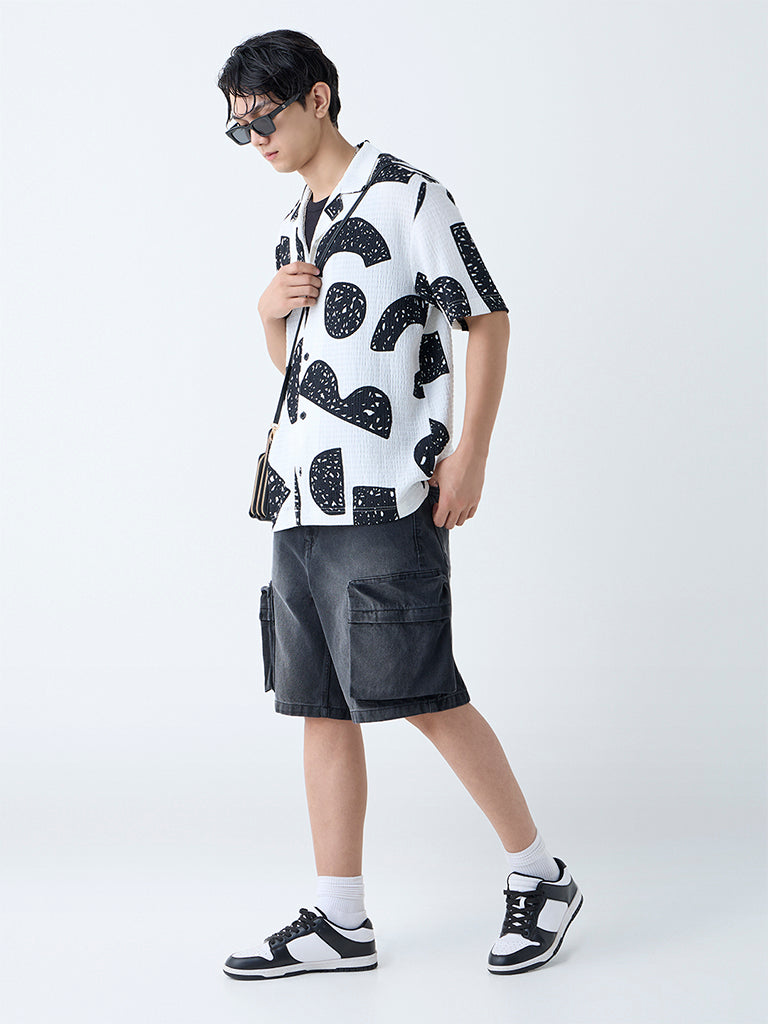 Westside Nuon Men's White Abstract Detailed Relaxed-Fit Shirt for Casual Wear Full View