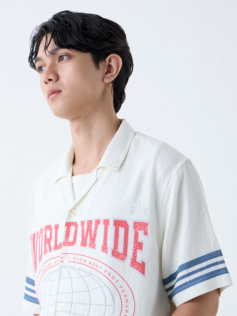 Westside Nuon Men's White Typographic Relaxed-Fit Shirt for Casual Wear Zoomed View