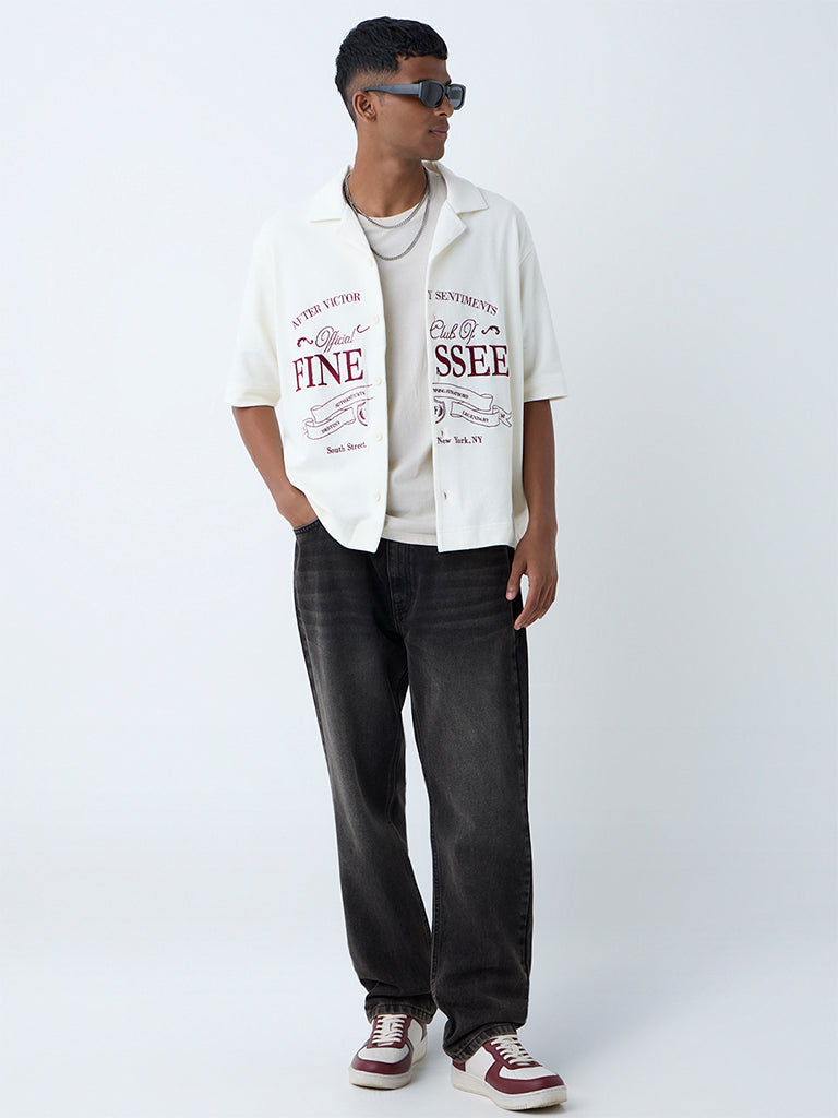 Westside Nuon Men's White Text Design Relaxed-Fit Cotton Shirt for Casual Wear Full View