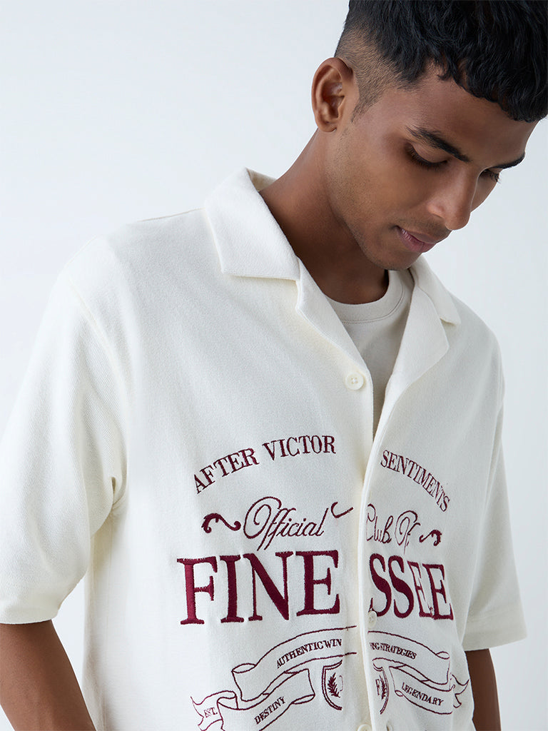 Westside Nuon Men's White Text Design Relaxed-Fit Cotton Shirt for Casual Wear Zoomed View