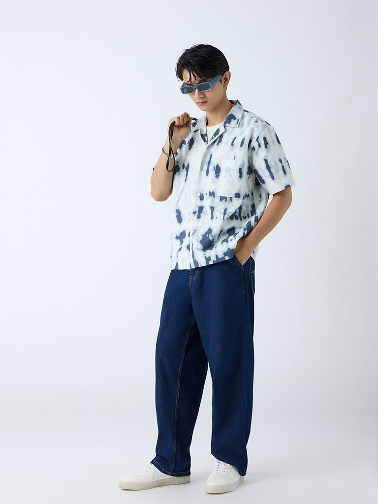Nuon Indigo Abstract Printed Relaxed-Fit Cotton Shirt