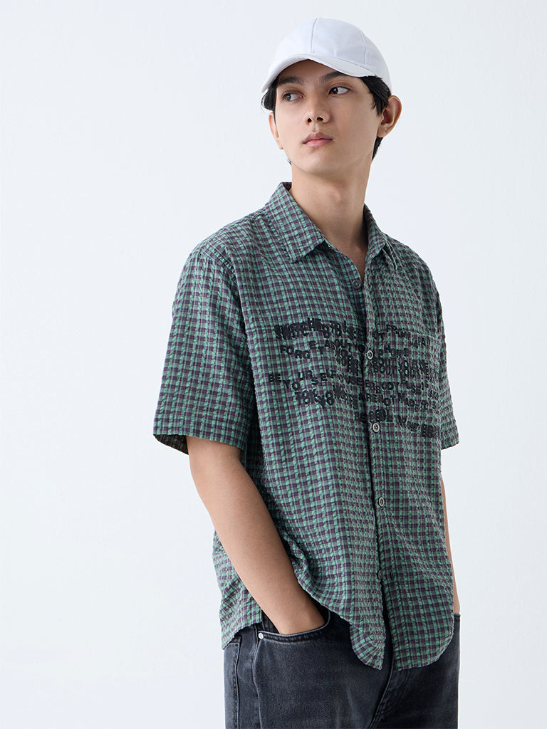 Nuon Green Checks Detailed Relaxed-Fit Cotton Shirt